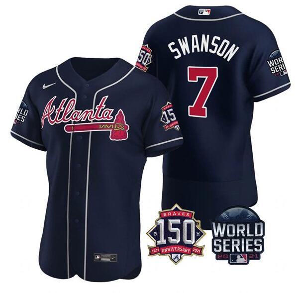 Men's Atlanta Braves #7 Dansby Swanson 2021 Navy World Series With 150th Anniversary Patch Stitched Baseball Jersey Men's Atlanta Braves #7 Dansby Swanson 2021 Navy World Series With 150th Anniversary Patch Stitched Baseball Jersey